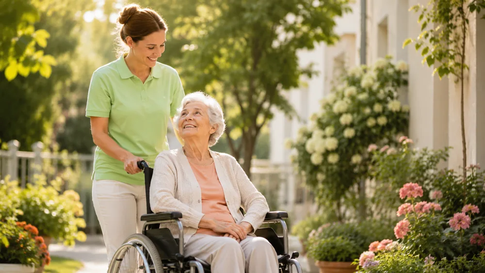 Begleitung im Alltag in München-West Pflegekraft begleitet eine Seniorin im Rollstuhl bei einem Spaziergang durch eine begrünte Wohnstraße